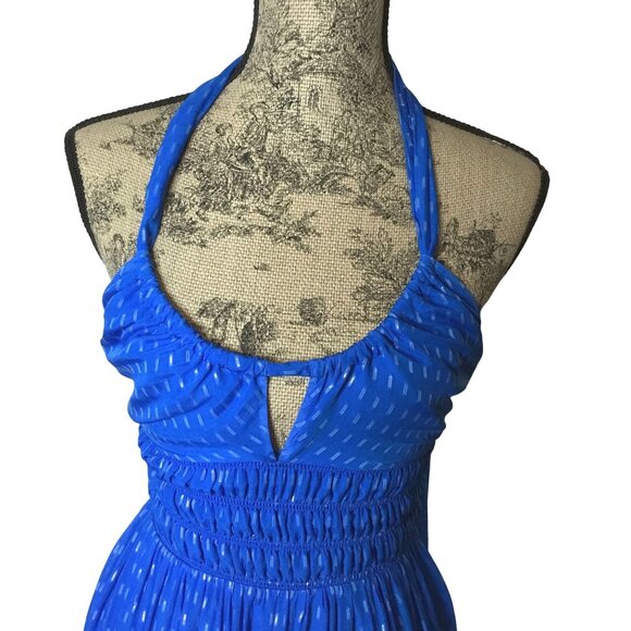 INTERMIX Silk Halter Cutout Maxi Dress Blue Smocked Tiered Lined Resort XS NWOT - Picture 4 of 12